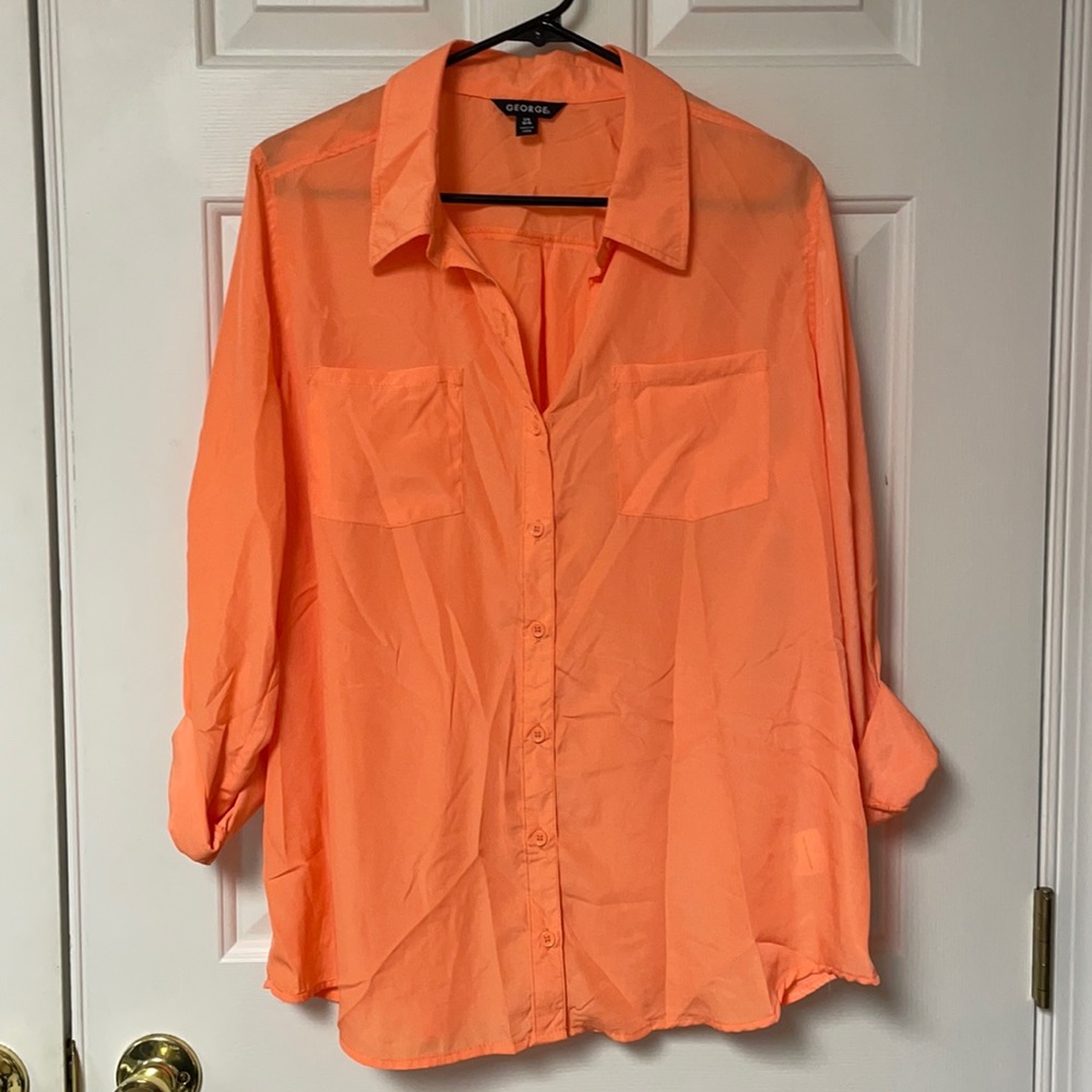 **NWT** Womens L (12-14) George Bright Orange Button Down Sheer Blouse